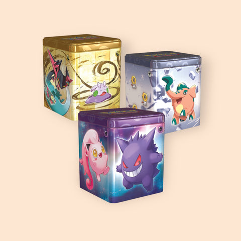 3 Tin Cube Pokémon 2024 Dragon, Acier ou Psy avec fond